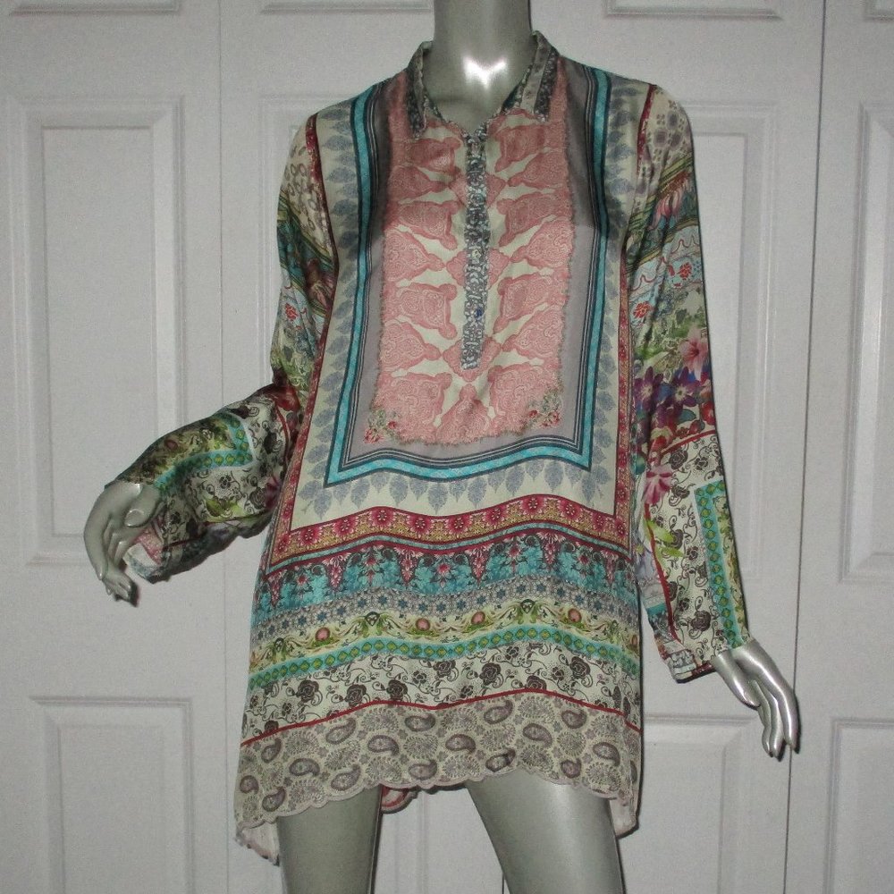 JOHNNY WAS Multi-Color Multi-Pattern Rayon Roll-Tab Sleeve Tunic Blouse